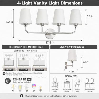 Bathroom Vanity Light Brushed Nickel Bathroom Lighting Fixtures Over Mirror | 4-Light Bathroom Light Fixtures with Flared White Fabric Shade, E26 Socket (ETL Listed)