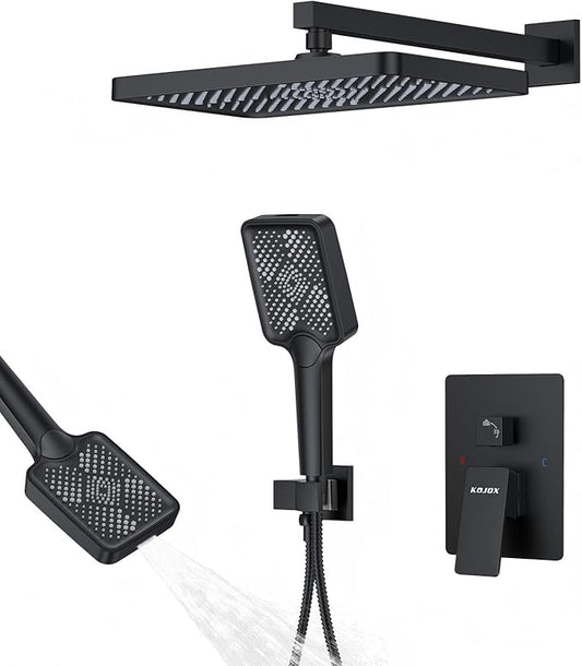 Matte Black 13-Inch Rainfall Shower System - Premium Shower Head & Handheld Sprayer, Complete Bathroom Set with Faucet Mixer Trim Kit & Valve