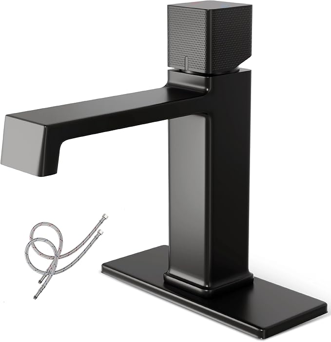 Modern Single Hole Bathroom Faucet | 7.4" Matte Black Luxury Single Handle Bathroom Faucet with Solid Brass Body, Spot-Free Finish & Anti-Splash | 1 or 3 Hole | Geometric Square Design