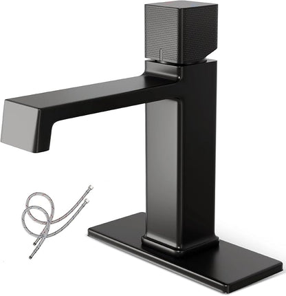 Modern Single Hole Bathroom Faucet | 7.4" Matte Black Luxury Single Handle Bathroom Faucet with Solid Brass Body, Spot-Free Finish & Anti-Splash | 1 or 3 Hole | Geometric Square Design