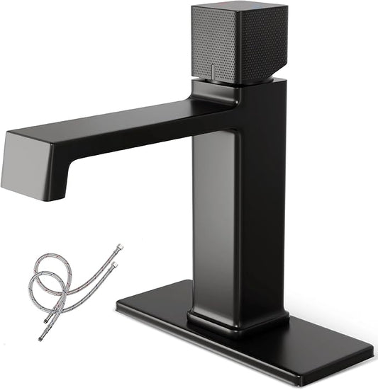 Modern Single Hole Bathroom Faucet | 7.4" Matte Black Luxury Single Handle Bathroom Faucet with Solid Brass Body, Spot-Free Finish & Anti-Splash | 1 or 3 Hole | Geometric Square Design