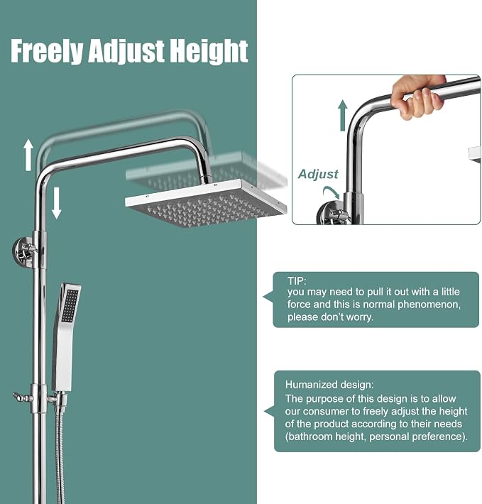 Polish Chrome Exposed Shower System 2 Functional Bathroom Shower Set 8 Inch Square Rainfall Shower Head with Hand Sprayer Wall Mounted | 2-function design with rainfall shower head, handheld shower, adjustable-height slide bar and exposed wall-mount valve