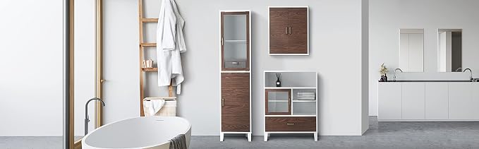 Teamson Home Tyler Wooden Storage Floor Cabinet, White and Walnut | Freestanding cabinet, Adjustable shelves