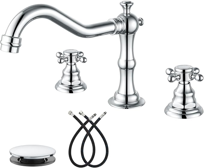 gotonovo 3 Hole 8’’ Widespread Bathroom Sink Faucet Polished Chrome | Vintage Bathroom Faucet,2 Cross Handle,6-16’’ Sink,Vanity,Basin,RV,Farmhouse,SUS304,24’’ cUPC Hose Pop Up Drain,Deck Mount