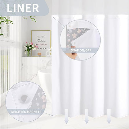Litabel No Hook Black Watercolor Floral Shower Curtain and Liner Set, 72x86 | Flower Shower Curtains with Snap-in Liner for Farmhouse Bathroom Decor, Botanical Bathroom Curtain with Leaves