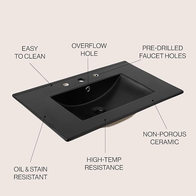 JONATHAN Y SNK1002B Ancillary 3-Hole 30 in. W x 18.25 in. D Classic Contemporary Rectangular Ceramic Single Sink Basin Vanity Top, Black