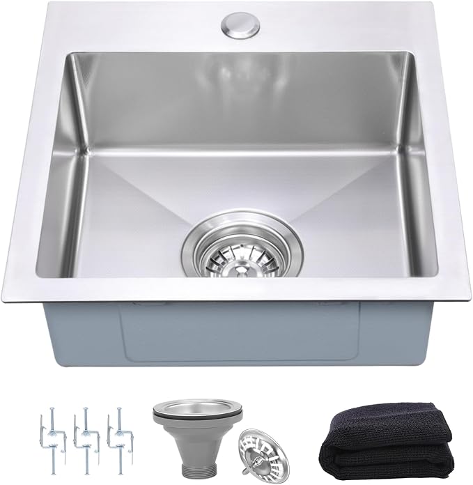 Drop-in Bar Sink 15"x15" Single Bowl: 3D Micro-pebble Embossed | 18-Gauge Stainless Steel Square Sink, 9" Deep, Top Mount, Anti-Condensation, for RV, Kitchenette