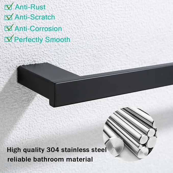 Matte Black Bathroom Hardware Accessories Set 4 Pieces Bath Towel Bar Set with 18 Inch Towel Bar,Toilet Paper Holder,Towel Hooks,SUS 304 Stainless Steel Wall Mounted Bathroom Towel Rack Set