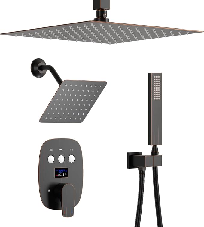 Oil Rubbed Bronze Shower System with 2 Rain Shower Head(12+8 inch), Handheld Shower, with Digital Temperature Display Function
