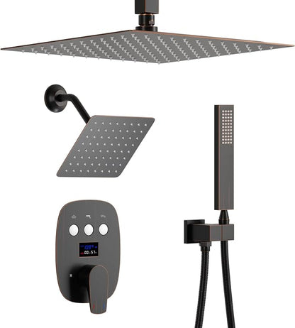Oil Rubbed Bronze Shower System with 2 Rain Shower Head(12+8 inch), Handheld Shower, with Digital Temperature Display Function
