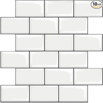 STICKGOO Subway Tile Peel and Stick Backsplash, Thicker Design 12" x 12" Stick on Backsplash Tiles for Kitchen, Bathroom, Wall Tile (10 Sheets, Warm White with Grey Grout)