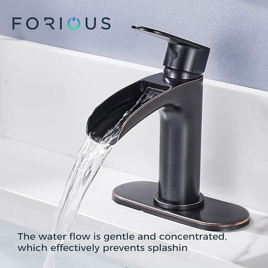 FORIOUS Oil Rubbed Bronze Bathroom Faucet Single Hole, Single Handle Waterfall Bathroom Sink Faucet 1 or 3 Hole with Metal Pop Up Drain and Hose for Vanity RV Restroom