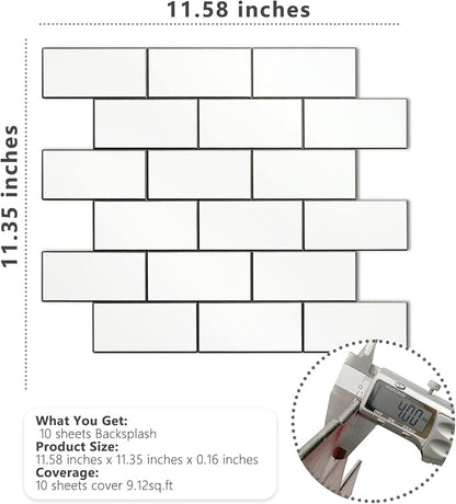 STICKGOO Peel and Stick Backsplash on Subway Tile, Polished White | 10 Sheets Aluminium Composite Self Adhesive Tiles, Faux Ceramic Look, Waterproof, Stick on Tiles for Vanities, Kitchen