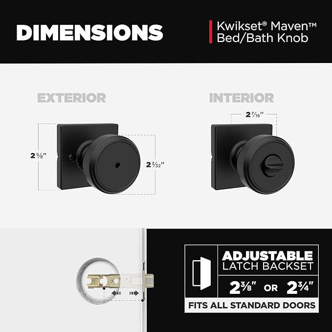 Kwikset Maven Interior Privacy Door Knob with Lock, Square Door Handle for Bathroom and Bedroom, Matte Black Keyless Turn Lock Doorknob, with Microban Protection