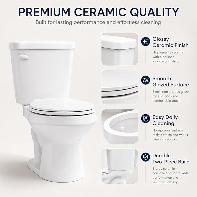 Space Saving 15 Inch Round Front Two Piece Toilet, Compact Side Flush White Ceramic Commode for Small Bathroom, 1.28 GPF Siphonic Flush, Soft Close Seat, cUPC, 12 Inch Rough-In