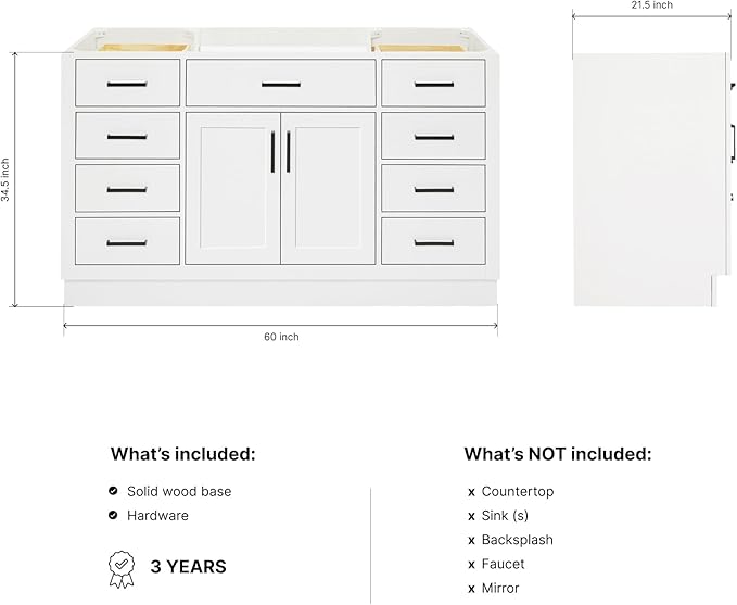 ARIEL Hepburn 60-inch Bathroom Vanity Base Cabinet,Solid Wood, 2 Soft Closing Doors, 9 Dovetail Drawers, White