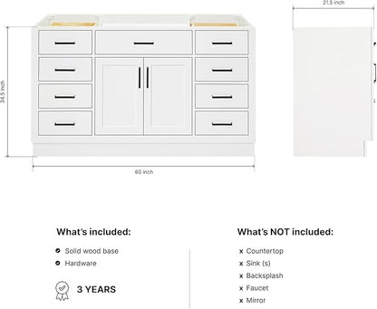 ARIEL Hepburn 60-inch Bathroom Vanity Base Cabinet,Solid Wood, 2 Soft Closing Doors, 9 Dovetail Drawers, White