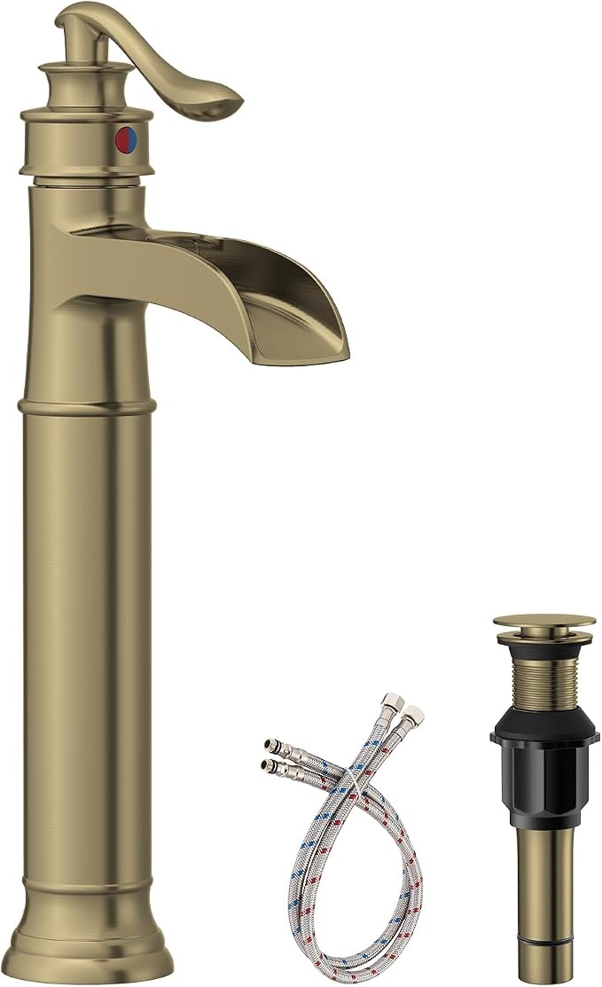 BWE Waterfall Vessel Sink Faucet Brushed Gold Bathroom Faucet 1 Hole | Single Handle Tall Bathroom Faucets with Pop Up Drain Assembly and Supply Lines Lavatory Vanity Bath Mixer Tap