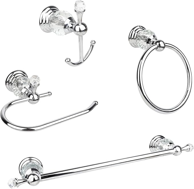 Chrome Crystal Bathroom Hardware Adjustable 24 Inch Towel Bar Set Toilet Paper Holder Towel Ring Coat Hooks Bathroom Accessories 4 Pieces Wall Mounted