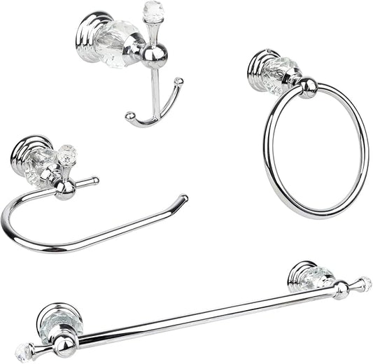 Chrome Crystal Bathroom Hardware Adjustable 24 Inch Towel Bar Set Toilet Paper Holder Towel Ring Coat Hooks Bathroom Accessories 4 Pieces Wall Mounted