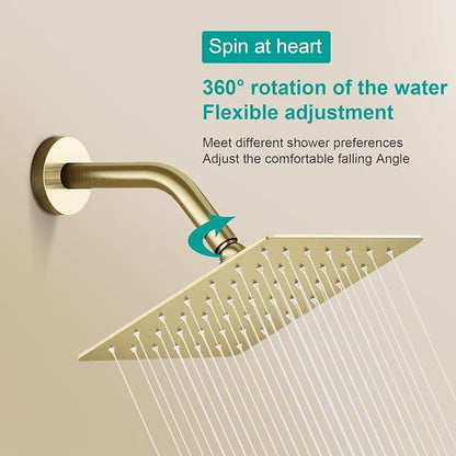 Square Rain Shower Head, High Flow Stainless Steel,Work with any decorative style，All Metal Rainfall Shower Head(Brushed Gold,6)