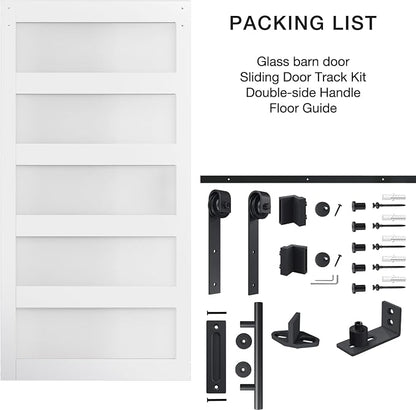 48in x 84in 5-Panel Sliding Glass Barn Door with 4ft Hardware Kit | Easy Assembly with Pre-Drilled Holes, Waterproof, Frosted Glass for Bathroom-Fit Max Opening 46in x 82in