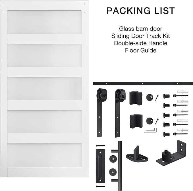 42in x 84in 5-Panel Sliding Glass Barn Door with 4ft Hardware Kit | Easy Assembly with Pre-Drilled Holes, Waterproof, Frosted Glass for Bathroom-Fit Max Opening 40in x 82in