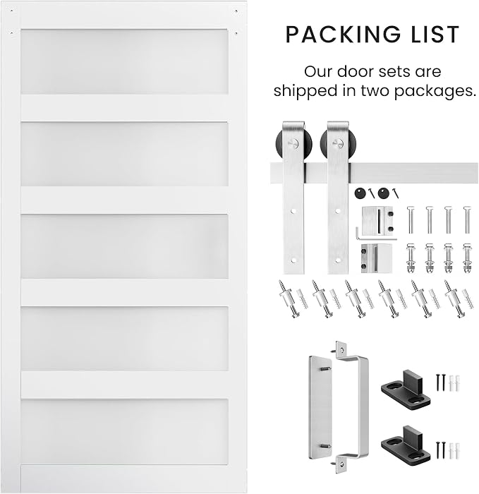 48in x 84in White Sliding Glass Barn Door with 5-Panel Frosted Glass | with 8ft Brushed Nickel Hardware Kit & Handle, Pre-Drilled Holes Easy Assembly, Covered with Water-Proof PVC Surface