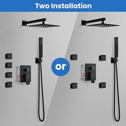 gotonovo Rainfall Shower System with Full Body Jets 4pcs Matte Black | 12’’ Rainfall Shower Head with Handheld Spray Combo,Wall Mount,Rough-in Valve and Trim Kit,Brass Body Message Jets,All Metal