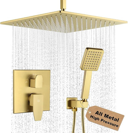 12 Inch Ceiling Mount Shower Faucet Set Brushed Gold Ceiling Rainfall Shower Head and Handle Set Bathroom Rain Shower System Include Shower Valve and Trim Kit