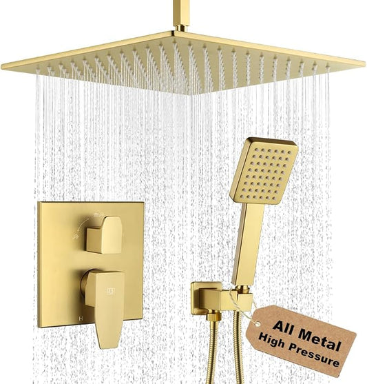 12 Inch Ceiling Mount Shower Faucet Set Brushed Gold Ceiling Rainfall Shower Head and Handle Set Bathroom Rain Shower System Include Shower Valve and Trim Kit