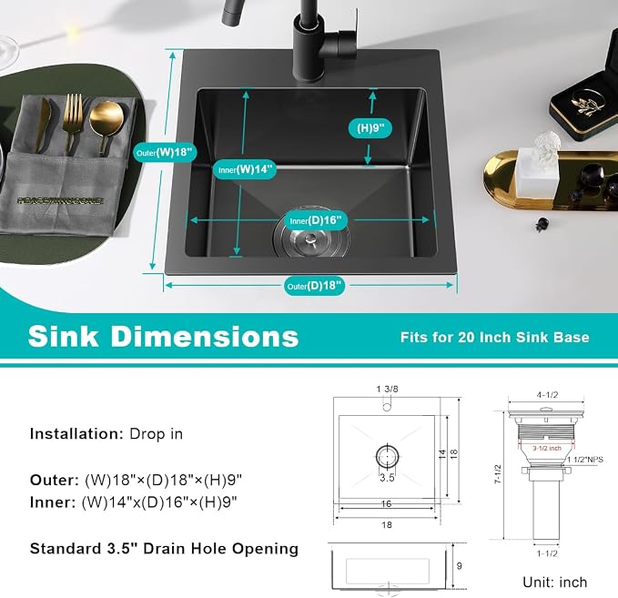 18"x18" Drop in Kitchen Sink, 304 SS Handmade Black Single Bowl | D18"xW18"xH9" Square Topmount Basin Sink 1 Faucet Hole, Handmade Brushed Finish for Bar, Kitchen Prep and RV