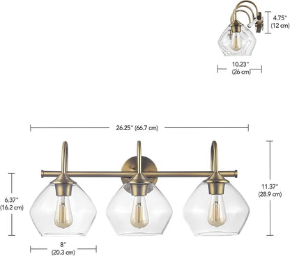 Globe Electric 63000103 26" 3-Light Vanity Fixture, Brass Finish, Clear Glass Shades, Beauty Room Accessories, Bathroom Lighting Over Mirror, Makeup Lights, Wall Light, Home Essentials, House Décor