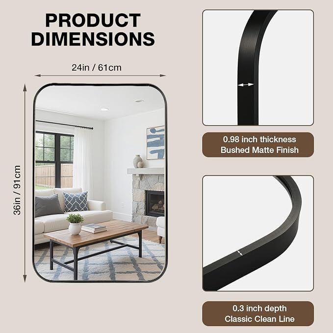 24"x36" Matte Black Rectangle Vanity Bathroom Mirror, Set of 2 | Aluminum Alloy Frame, Clear Reflection, Rust-Resistant, Vertical or Horizontal, Wall Mount, Bedroom and Entryway