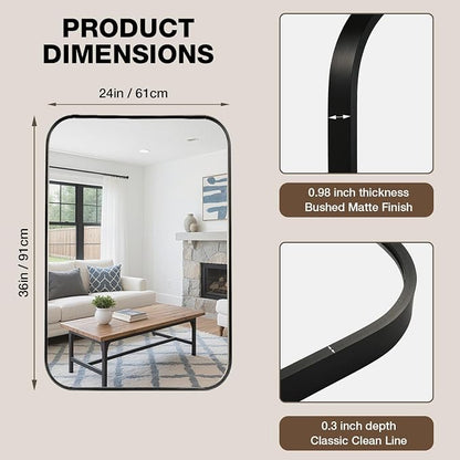 24"x36" Matte Black Rectangle Vanity Bathroom Mirror, Set of 2 | Aluminum Alloy Frame, Clear Reflection, Rust-Resistant, Vertical or Horizontal, Wall Mount, Bedroom and Entryway