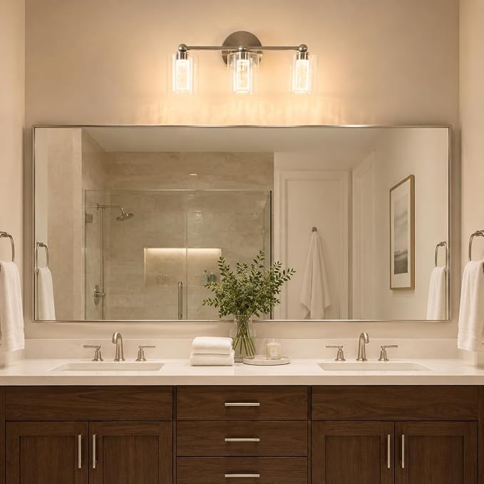 Brushed Nickel Vanity Light with 3 Color Modes, Eye Protection LED Bathroom Light Fixtures, Dimmable Modern Wall Light Over Mirror with Clear Glass Shade (Brushed Nickel, 3-Light)