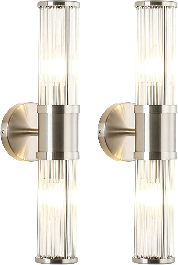 Dual Sconce Vanity Set of 2, Brushed Nickel Wall Light with Clear Glass Rods Shape, Industrial Vanity Lighting for Bathroom Mirror and Modern Bedroom