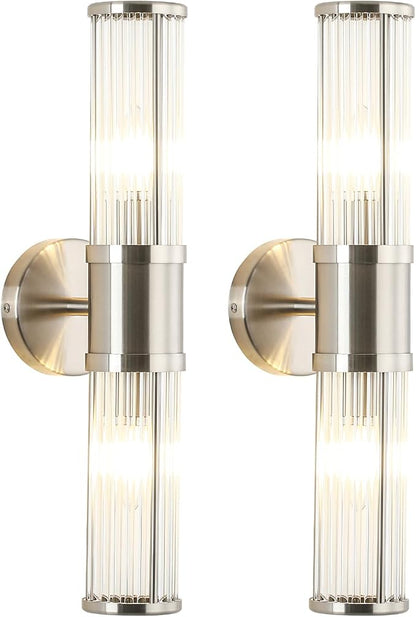 Dual Sconce Vanity Set of 2, Brushed Nickel Wall Light with Clear Glass Rods Shape, Industrial Vanity Lighting for Bathroom Mirror and Modern Bedroom