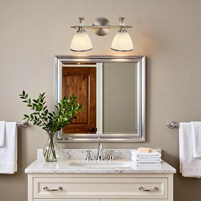 Brushed Nickel Vanity Light, 2-Light Bathroom Light Fixtures with Milky White Bell-Shape Glass Shades, Eye-Friendly Bathroom Wall Lamp for Mirror, Kitchen, Bedroom, Hallway