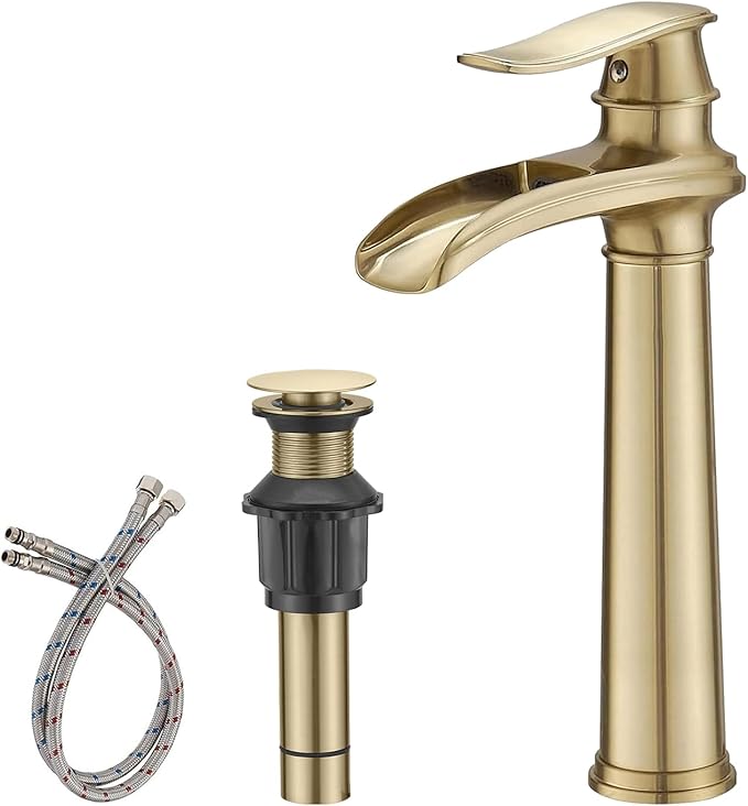 BWE Bathroom Vessel Sink Faucet Waterfall Spout Single Handle One Hole Solid Brass Deck Mount Brushed Gold Lavatory Mixer Tap Lavatory Vanity Sink Faucet with Pop Up Drain