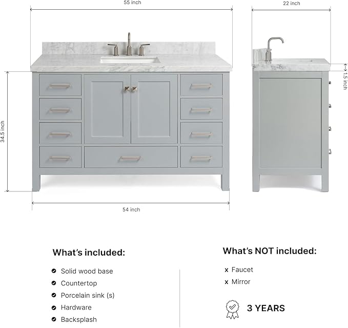 ARIEL Cambridge 54-inch Bathroom Vanity with Sink,Solid Wood, 1.5-inch Italian Carrara Marble Countertop, Single Rectangular Porcelain Sink, 2 Soft Closing Doors, 9 Dovetail Drawers, Grey