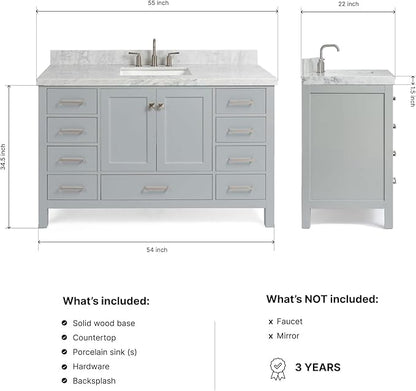 ARIEL Cambridge 54-inch Bathroom Vanity with Sink,Solid Wood, 1.5-inch Italian Carrara Marble Countertop, Single Rectangular Porcelain Sink, 2 Soft Closing Doors, 9 Dovetail Drawers, Grey