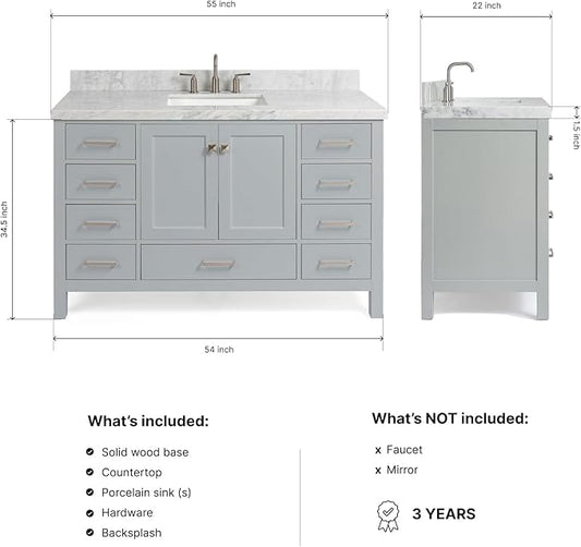ARIEL Cambridge 54-inch Bathroom Vanity with Sink,Solid Wood, 1.5-inch Italian Carrara Marble Countertop, Single Rectangular Porcelain Sink, 2 Soft Closing Doors, 9 Dovetail Drawers, Grey