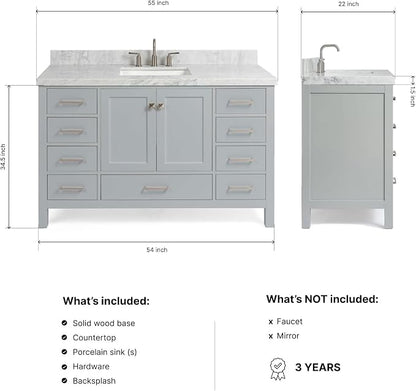 DKB Beckford 54-Inch Grey Bathroom Vanity with 1.5-Inch Edge Italian Carrara Marble Countertop & Backsplash, Center Rectangular Sink, 2 Soft Closing Doors, 9 Dovetail Drawers, Brushed Nickel