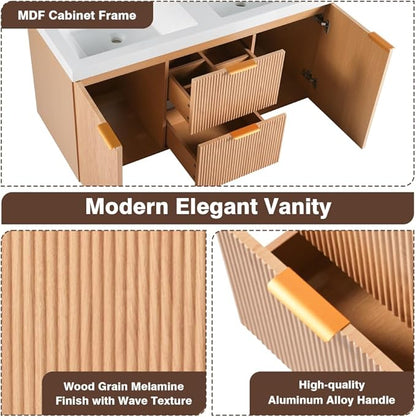 48 Inch Floating Bathroom Vanity with Thick SMC Countertop Double Sinks, Wall Mounted Bathroom Vanities Wood Grain Vanity for Bathrooms with 2 Soft-Close Doors 2 Fluted Drawers, Easy Assembly (Wood)