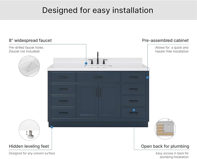 ARIEL Hepburn 60-inch Bathroom Vanity with Sink,Solid Wood, 1.5-inch Carrara White Quartz Countertop, Single Rectangular Porcelain Sink, 2 Soft Closing Doors, 9 Dovetail Drawers, Midnight Blue