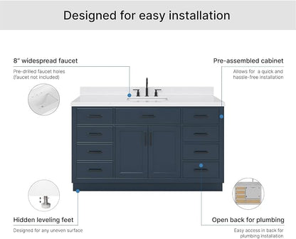 ARIEL Hepburn 60-inch Bathroom Vanity with Sink,Solid Wood, 1.5-inch Carrara White Quartz Countertop, Single Rectangular Porcelain Sink, 2 Soft Closing Doors, 9 Dovetail Drawers, Midnight Blue