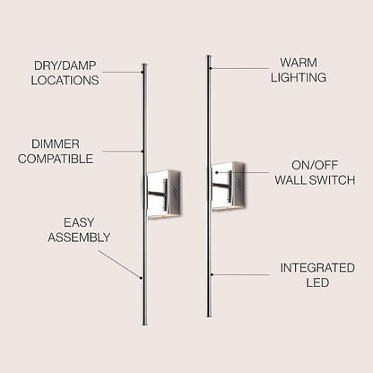 JONATHAN Y 28" Chrome Modern Dimmable Integrated LED Wall Sconce, Metal Vanity Light for Bathroom Mirror Bedroom Hallway, Sleek Hardwired Wall Lamp Fixture, 3000K (JYL7022A-SET2)