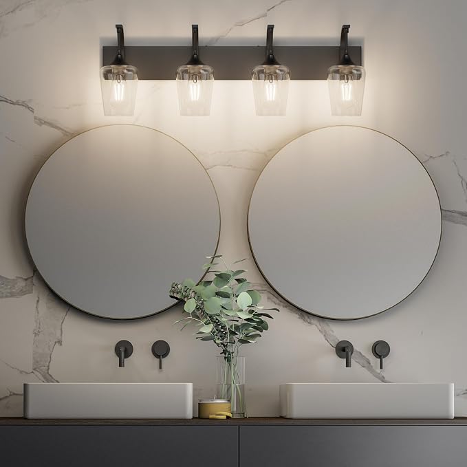 Ralbay Matte Black Bathroom Vanity Light 4-Lights Industrial Black Vanity Lights Clear Glass Vintage Edison Matte Black Wall Mount Light Fixtures for Bathroom