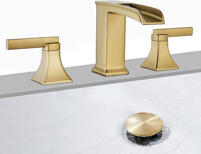Brushed Gold Bathroom Sink Faucet, 8-Inch Widespread Bathroom Faucets for 3-Hole Sinks, 2-Handle Brass Waterfall Vanity Faucet with Drain Assembly, Champagne Bronze